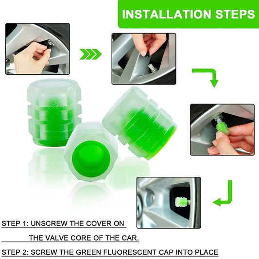Set of four Wukusy luminous glow tyre valve caps for car tire air stems, made of durable automotive-grade material.