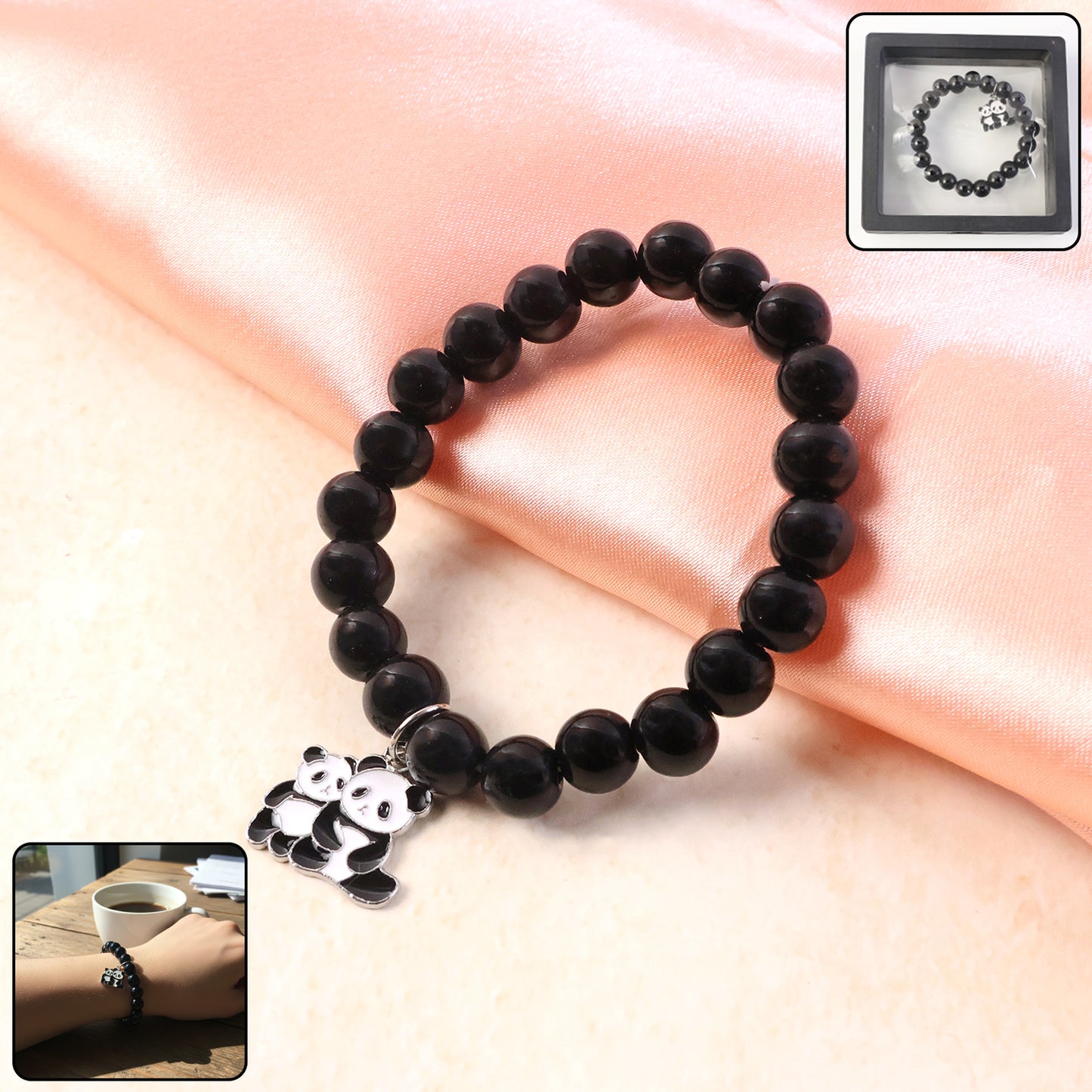 Black beaded stretch bracelet by Wukusy with a cute panda charm, featuring elastic design and stylish black beads.