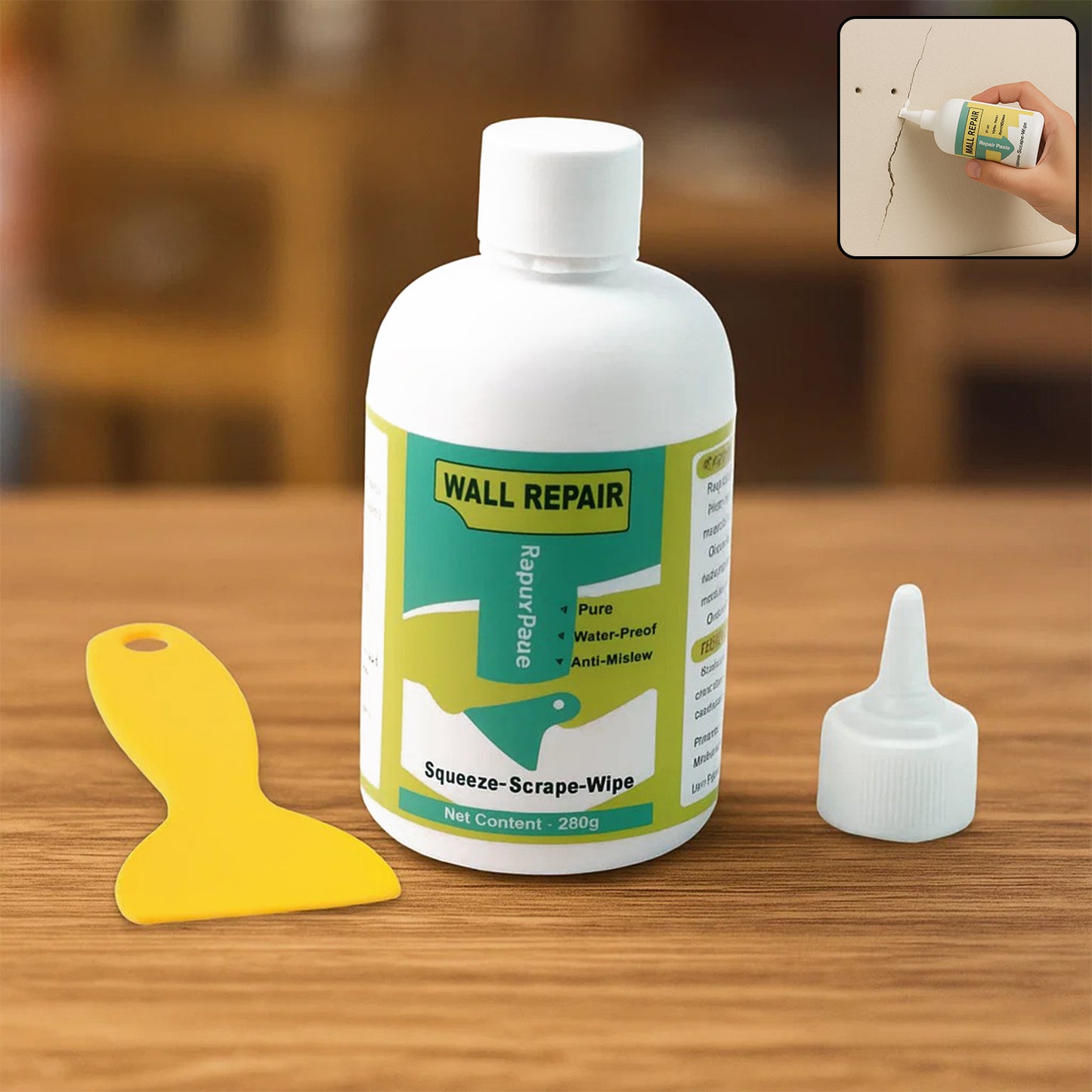 Wukusy wall crack repair cream set with scraper for filling and smoothing cracks in walls, ready for painting or finishing.