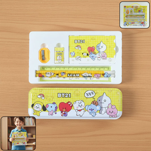 Wukusy premium cartoon printed pencil box stationery set with colorful design, compact storage for pencils and stationery items.