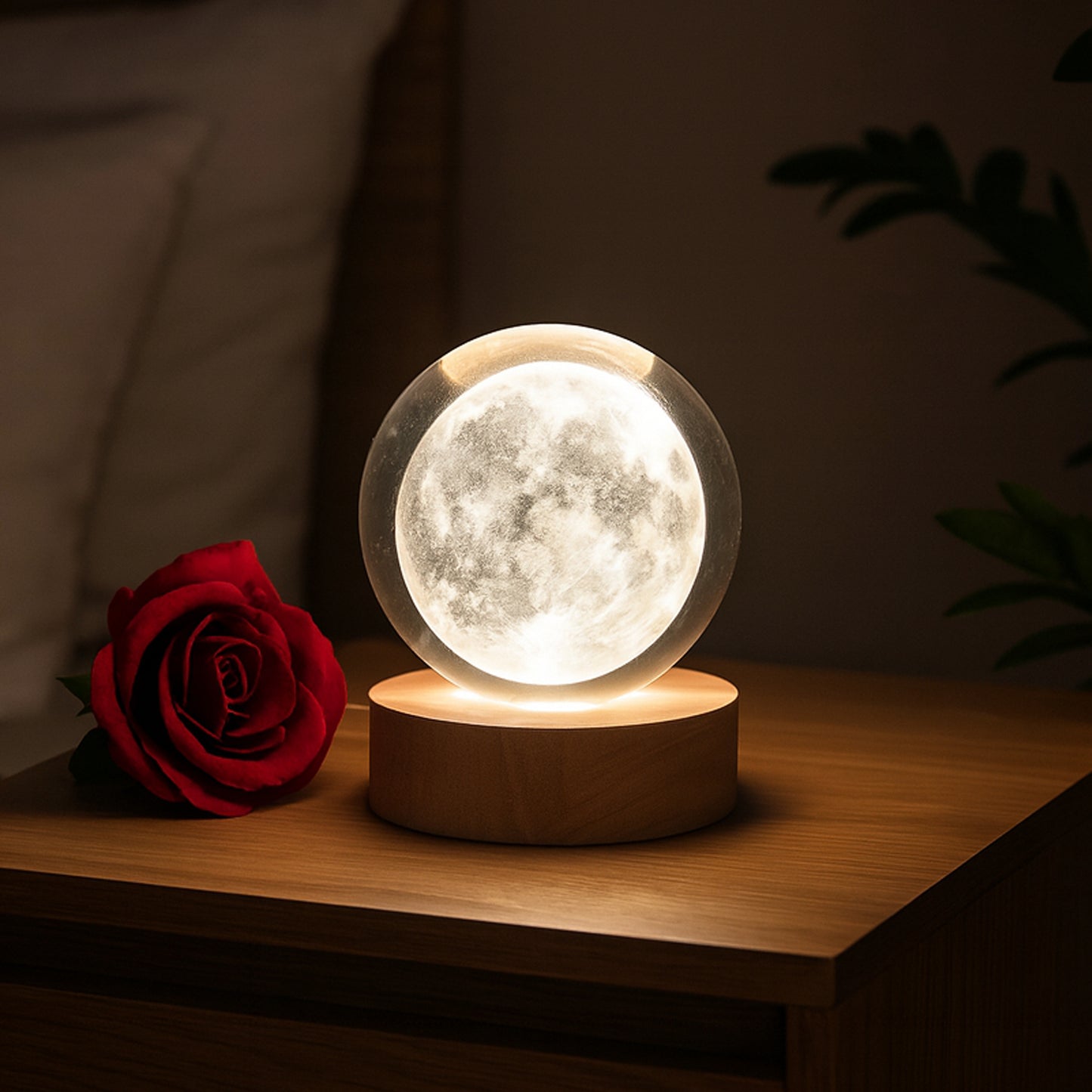 Wukusy 3D crystal ball lamp with base, decorative home decor piece featuring intricate glass design and ambient lighting.