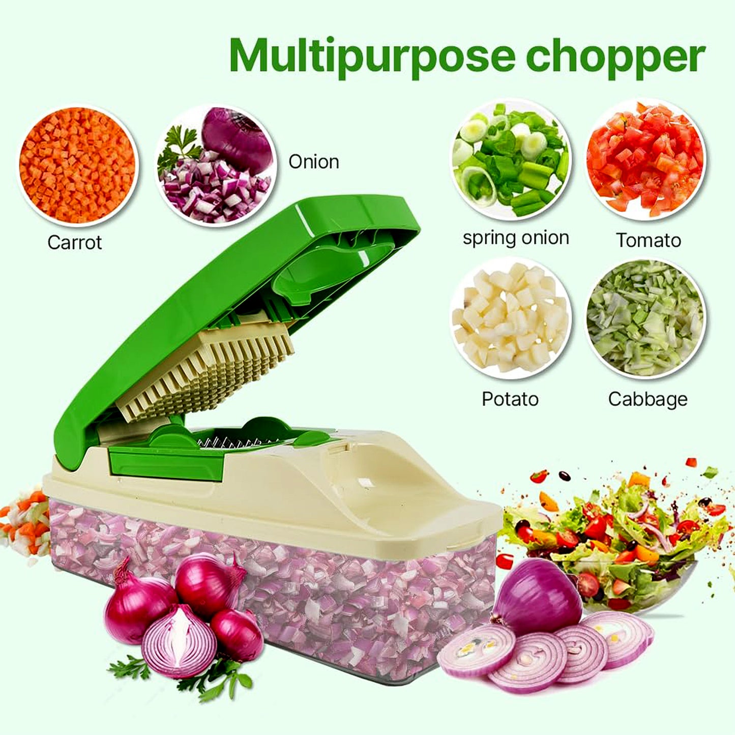 Wukusy Supermom Quick Nicer Dicer multipurpose vegetable and fruit chopper with stainless steel blades and ergonomic handle.