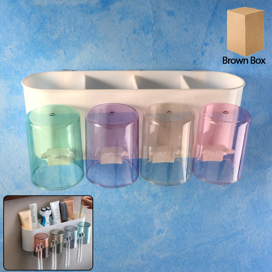 Wall mounted Wukusy toothbrush holder set with two ceramic cups and a sleek metal frame, designed for bathroom organization.