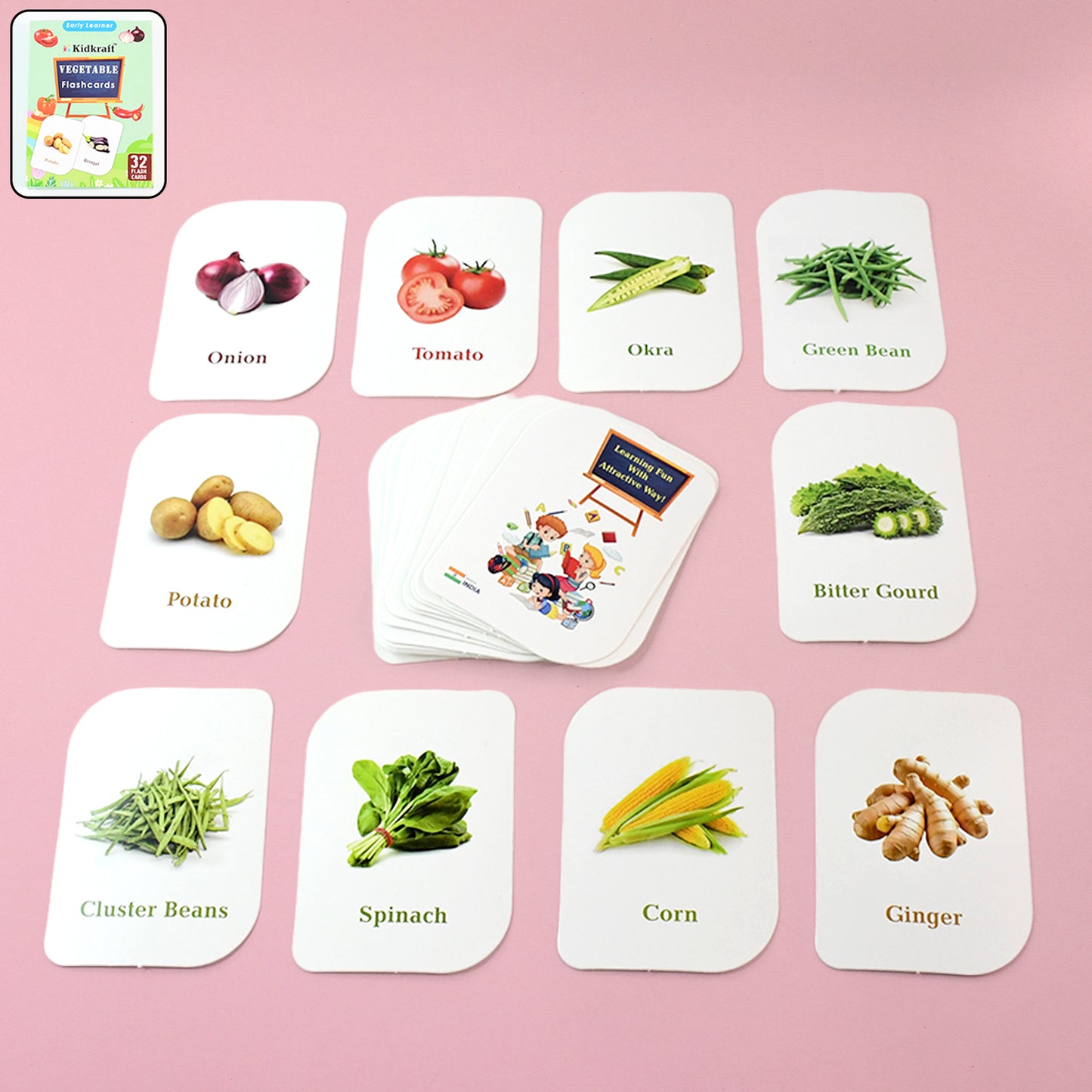 Wukusy Kidkraft 32-piece educational vegetable flash cards set for kids, featuring colorful images of various vegetables on cards.