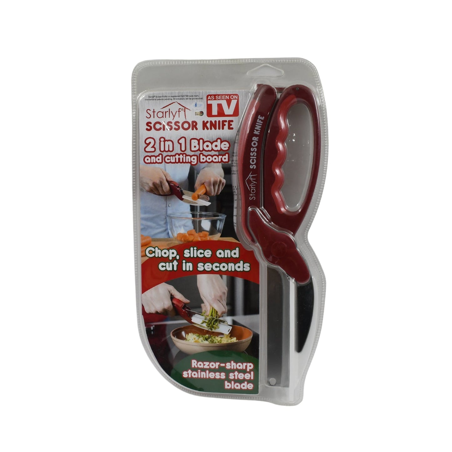 Wukusy 2-in-1 kitchen knife scissors with spring lock and chopping board, shown with handle, blade, and locking hinge in packaging.