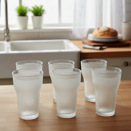 Six Wukusy Prexo unbreakable plastic drinking water glasses, 300 ml each, arranged on a kitchen countertop.