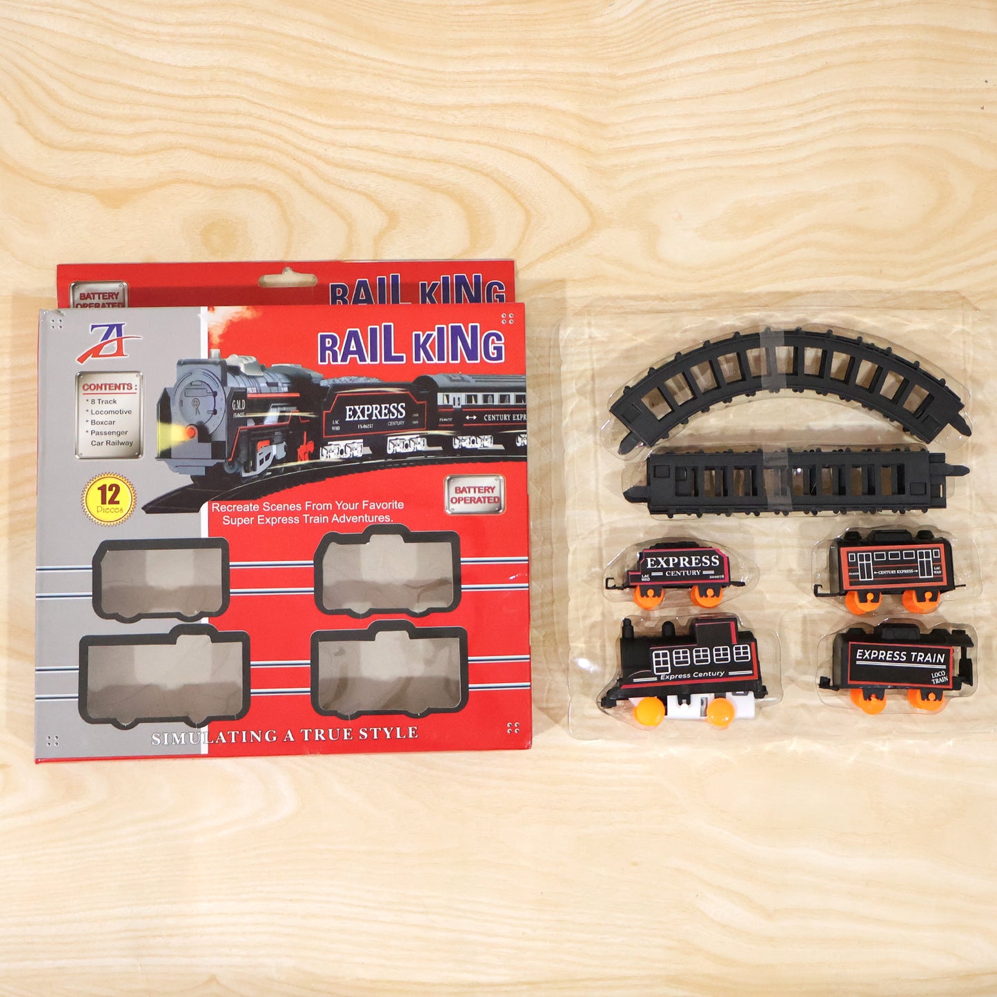 Wukusy Battery Opera Express Train Track Play Set with lights and sounds, featuring colorful train and track pieces for kids.
