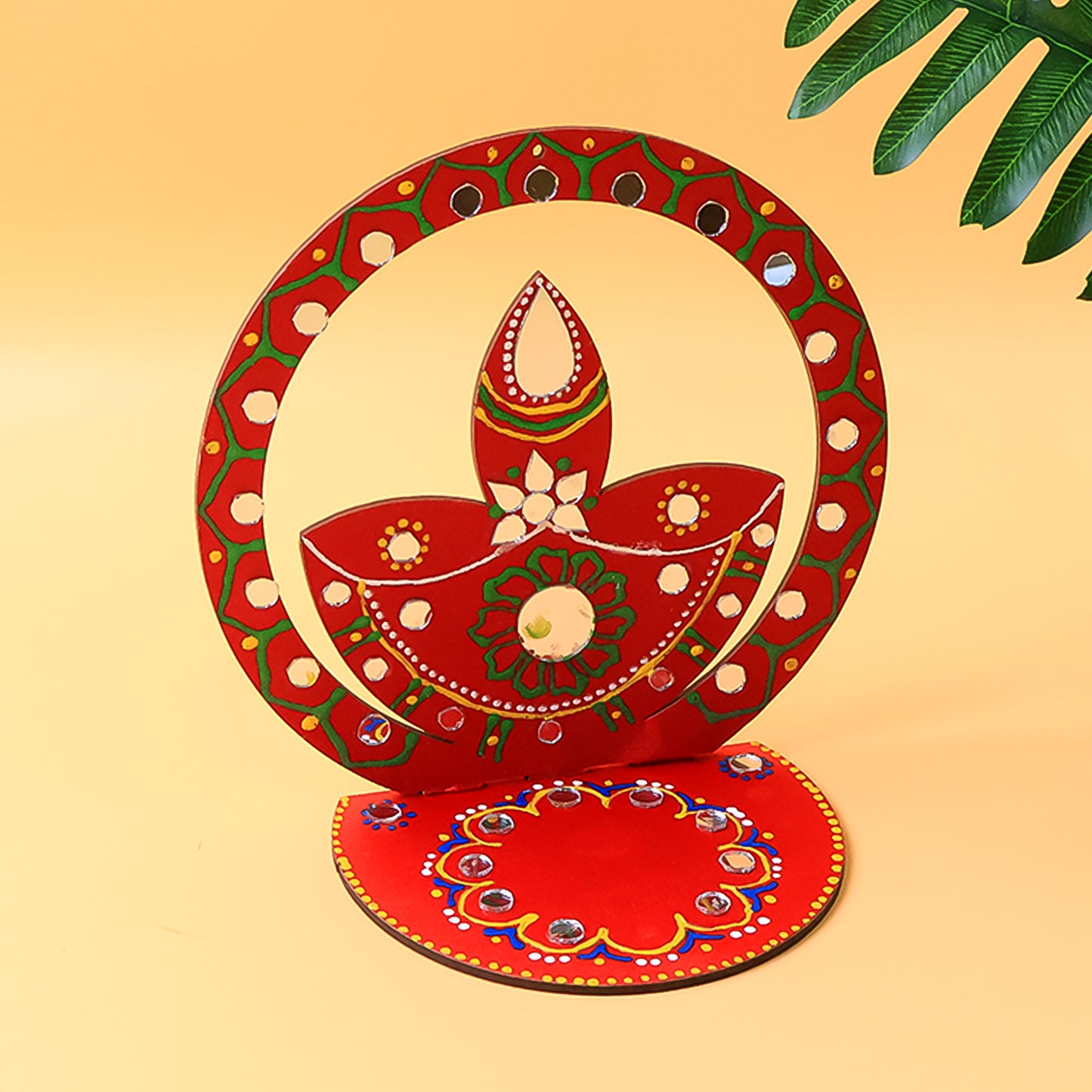 Handcrafted wooden diya stand for home decor, featuring intricate carvings and natural wood finish, suitable for decorative lighting.