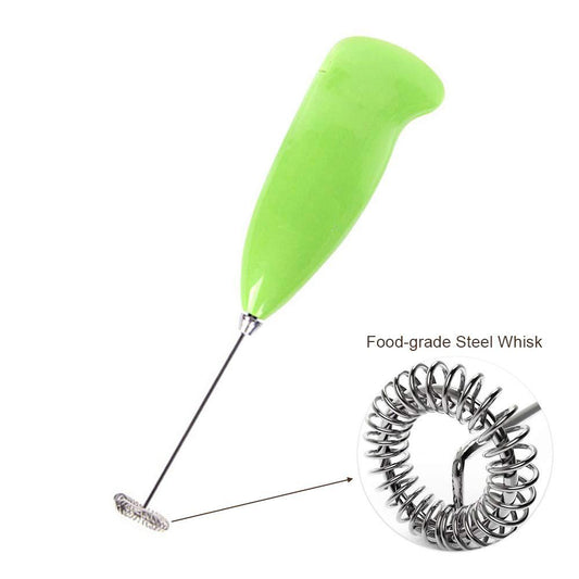 Wukusy electric handheld milk frother and mixer for latte coffee and hot milk, compact kitchen tool with stainless steel whisk attachment.