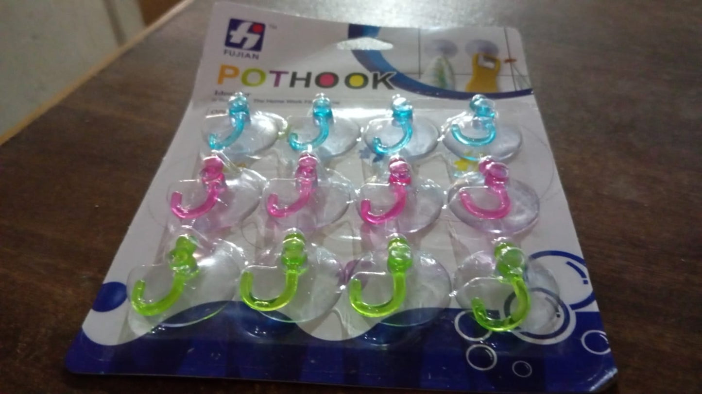 Set of 12 transparent rubber vacuum sucker hooks with strong suction cups, ideal for hanging lightweight items.