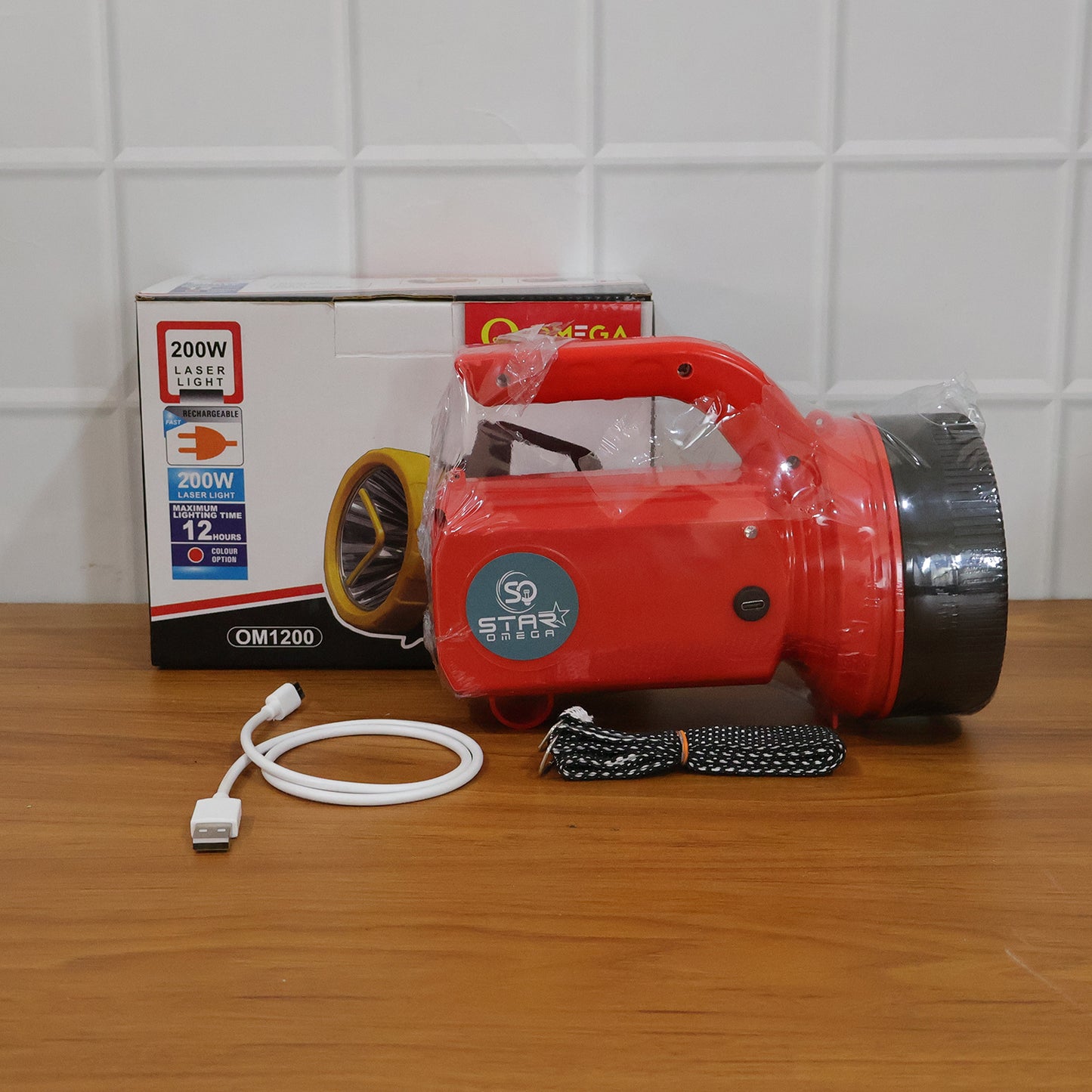 Wukusy Omega 200w high power LED laser torch light with side emergency light panel, shown with illuminated front and side features.