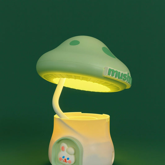 Wukusy Mushroom LED desk lamp with built-in pencil sharpener and USB charging port, in various colors.