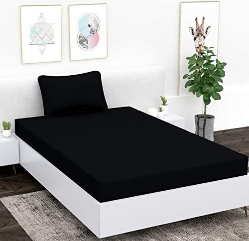 Black Seasons plain bedsheet for single bed with matching pillow cover by FIZZI SHOP, showing smooth fabric and simple design.
