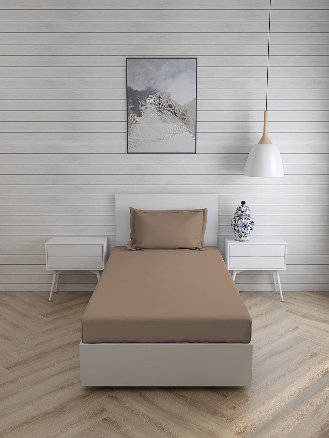 Brown FIZZI SHOP plain single bedsheet with matching pillow cover, made of soft fabric for comfortable sleep.
