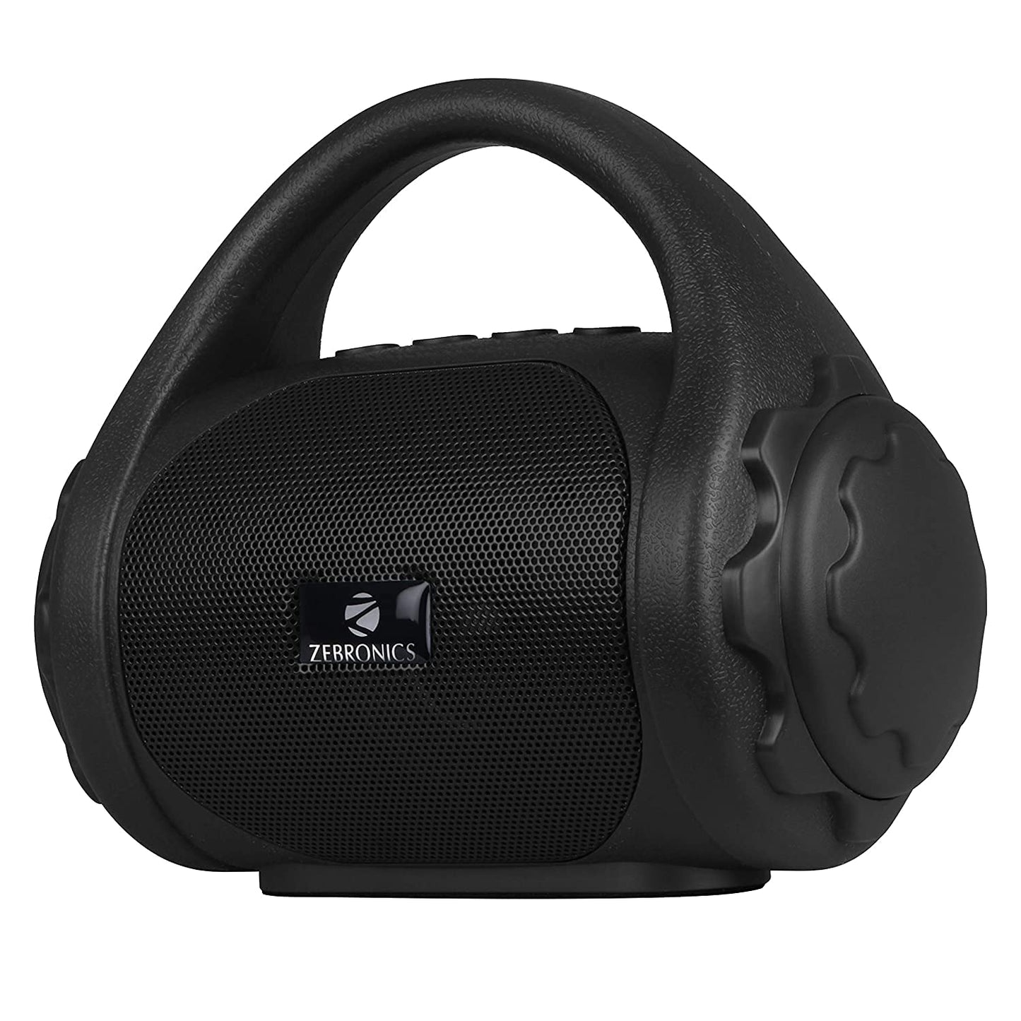 Seasons Zebronics PSPK9 Bluetooth speaker in black with built-in FM radio, aux input, and 3W mono channel output.