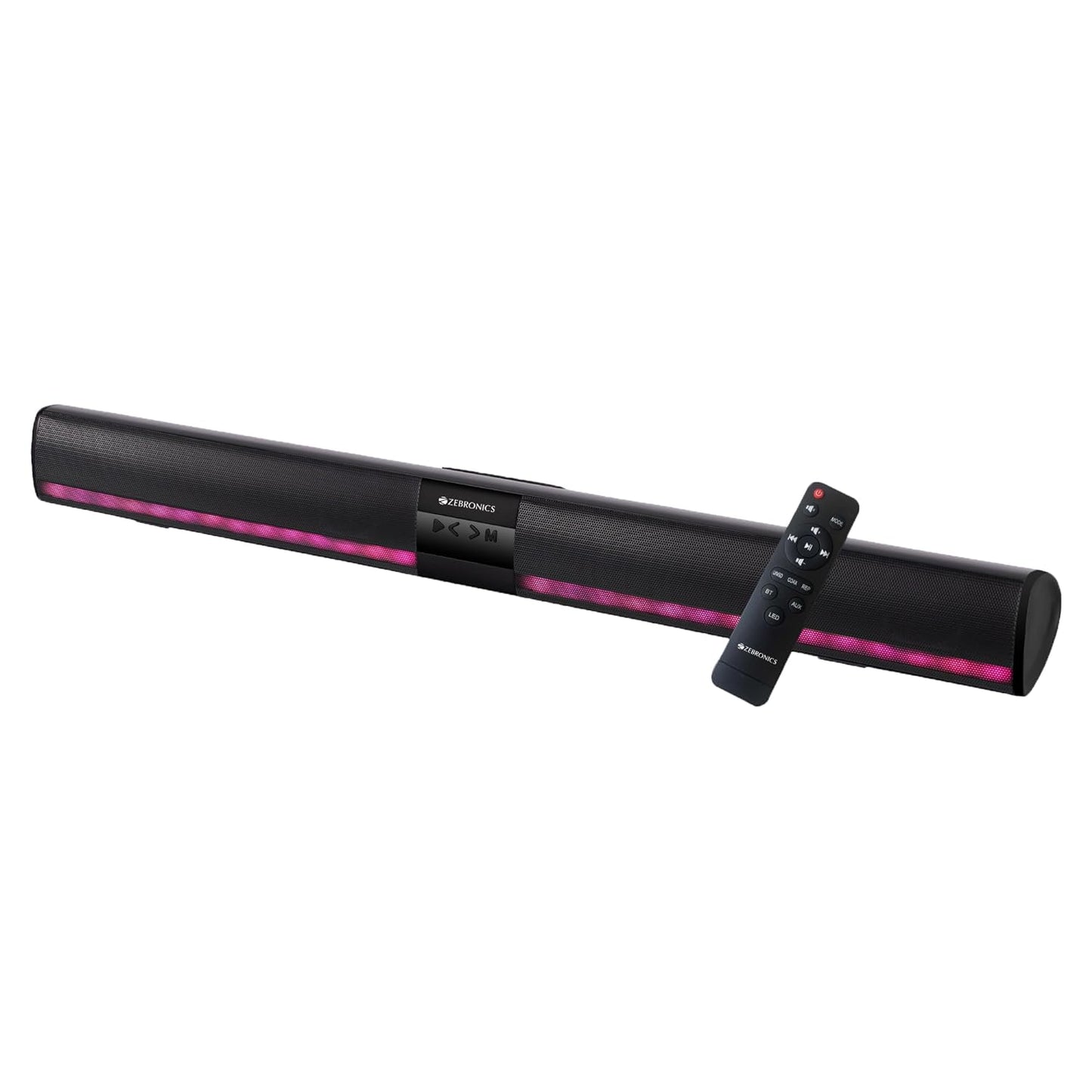 Seasons Zebronics Ace Plus portable Bluetooth speaker in black with USB, microSD, AUX, RGB lighting, and TWS stereo channels.