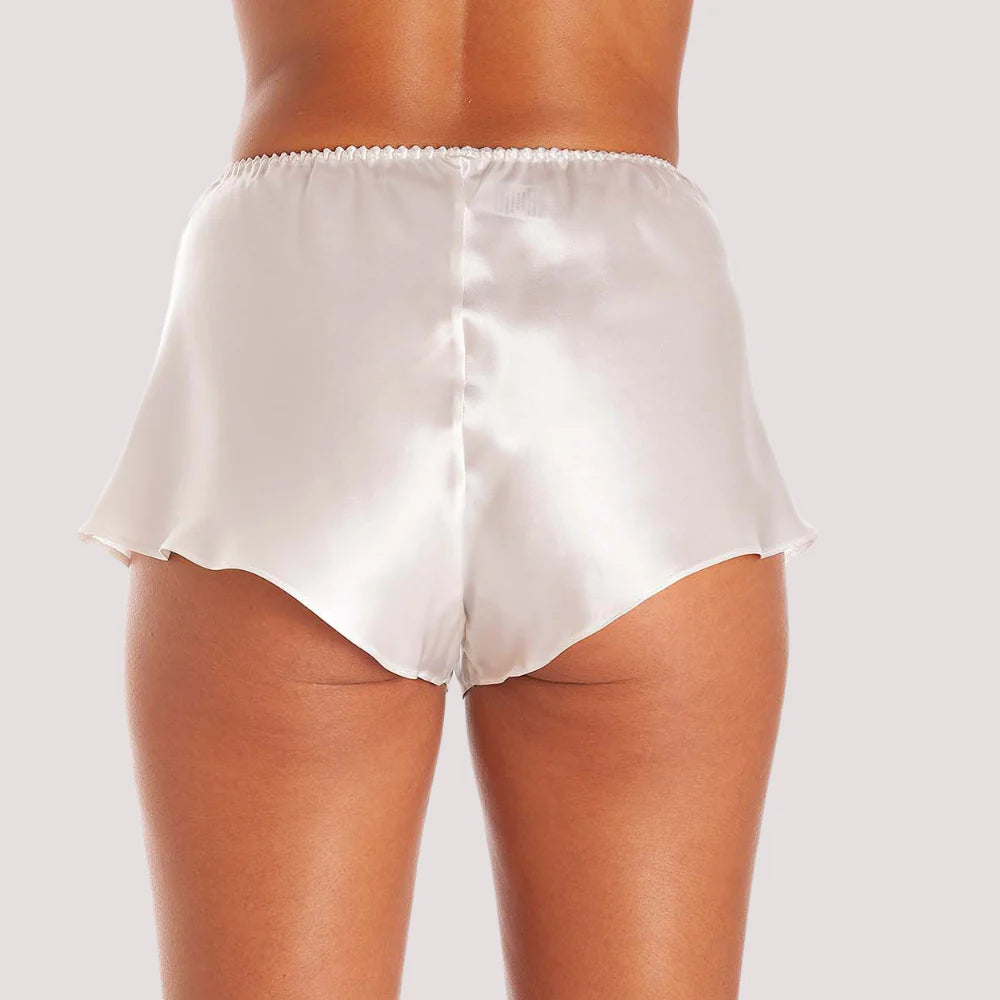 White silk satin French Elegance knickers by Snazzyway, showcasing smooth, luxurious fabric and elegant fit.
