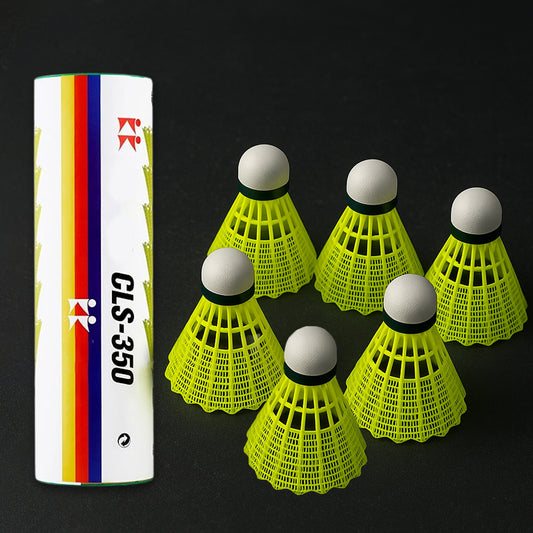 Set of six durable plastic shuttlecocks by Wukusy, showing lightweight, colorful badminton shuttlecocks ready for play.
