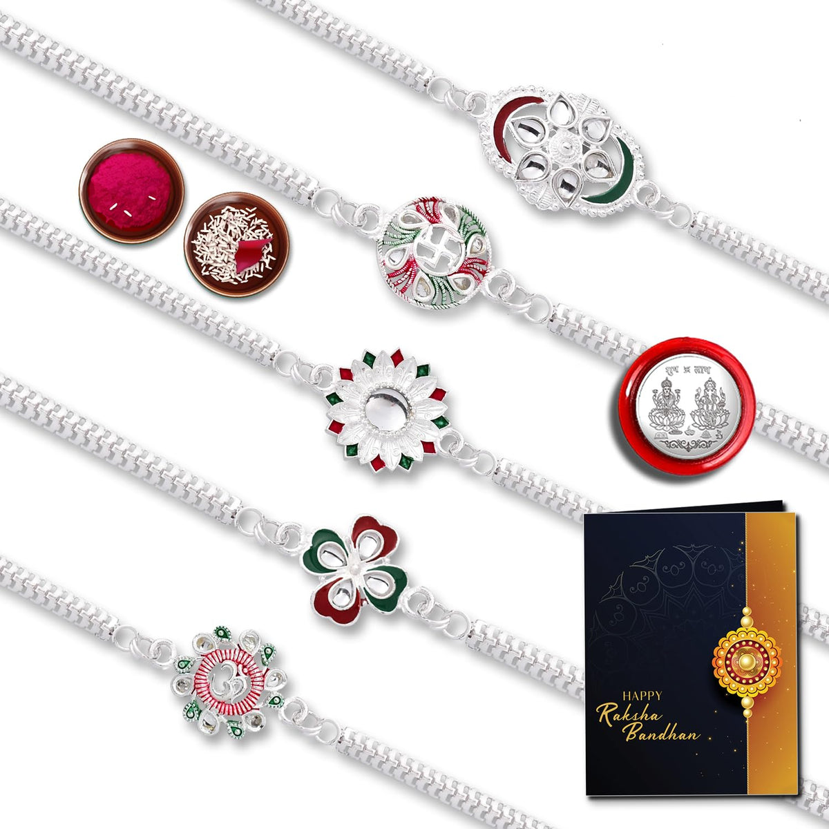 Unisex silver plated Rakhi set with five unique patterned designer Rakhis for brothers, ideal for siblings on special occasions.