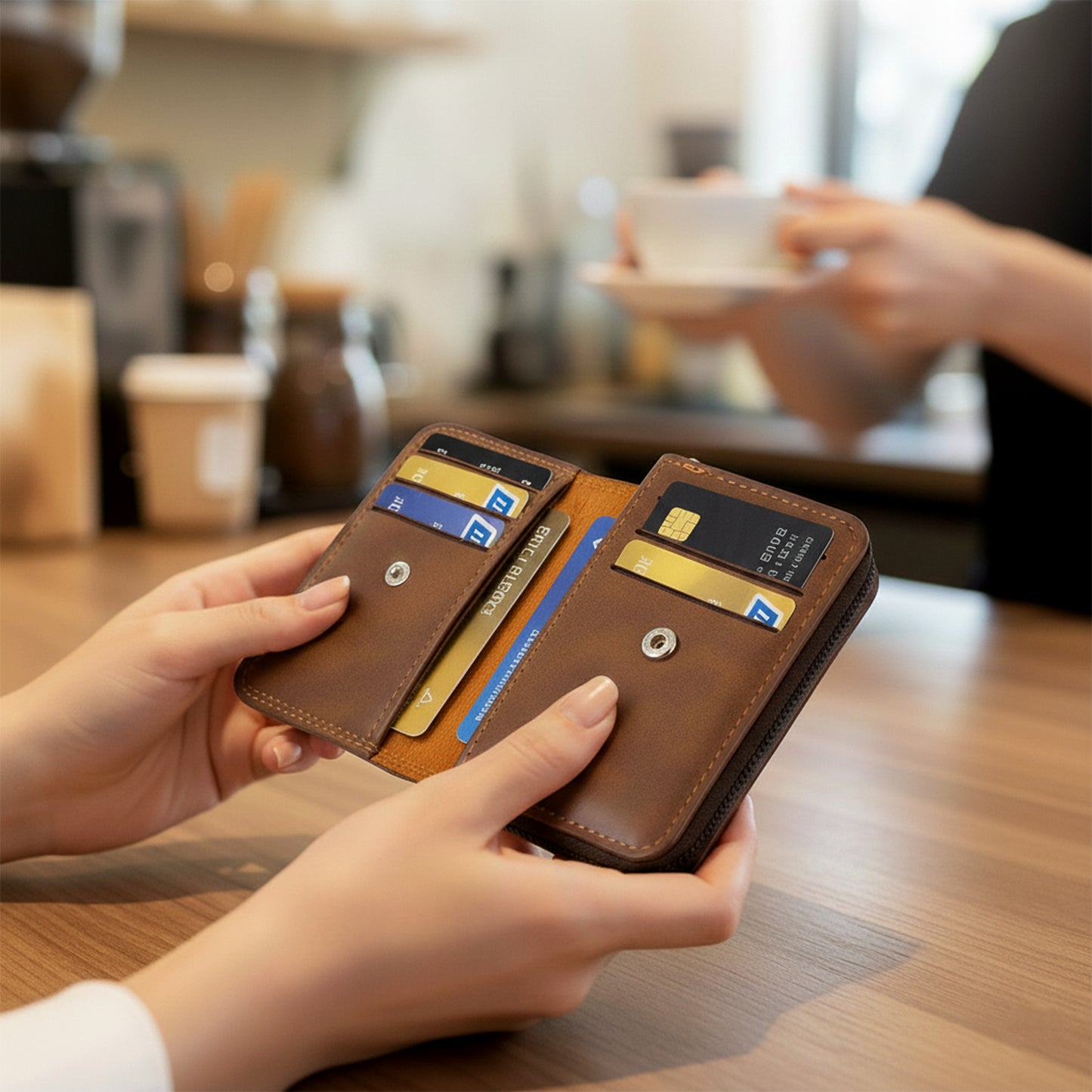 Wukusy premium multipurpose zip closure card holder wallet with multiple card slots and compact design, shown in black.