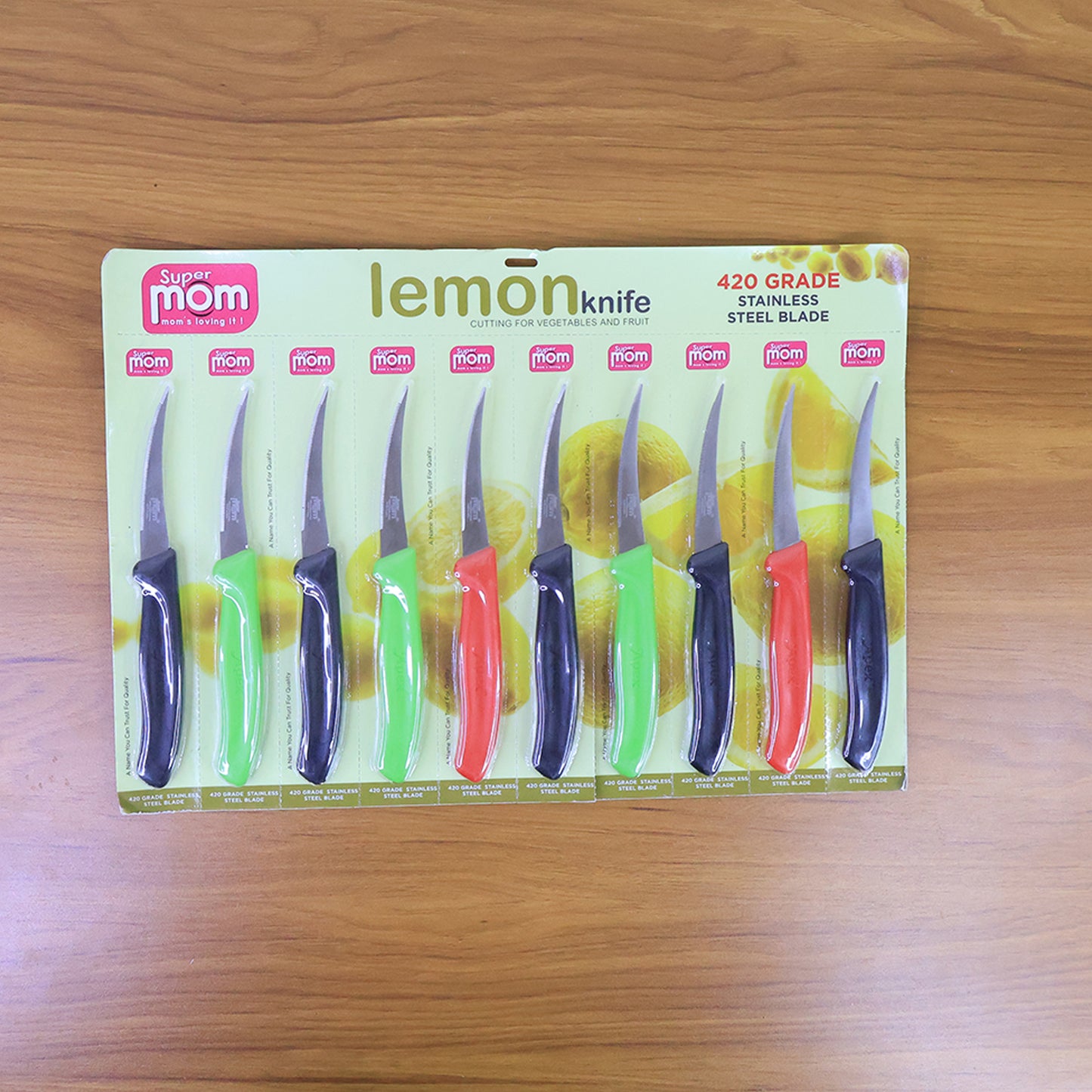 Wukusy Supermom stainless steel lemon knife set with 10 pieces for kitchen use, featuring ergonomic handles and sharp blades.