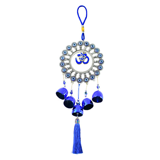 Decorative Wukusy Om Evil Eye wind chime wall hanging with blue and white beads, designed for home decor and spiritual protection.