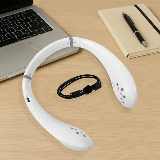 Wukusy portable neck fan with headphone-style design, USB rechargeable, featuring three speed settings for outdoor and sports use.