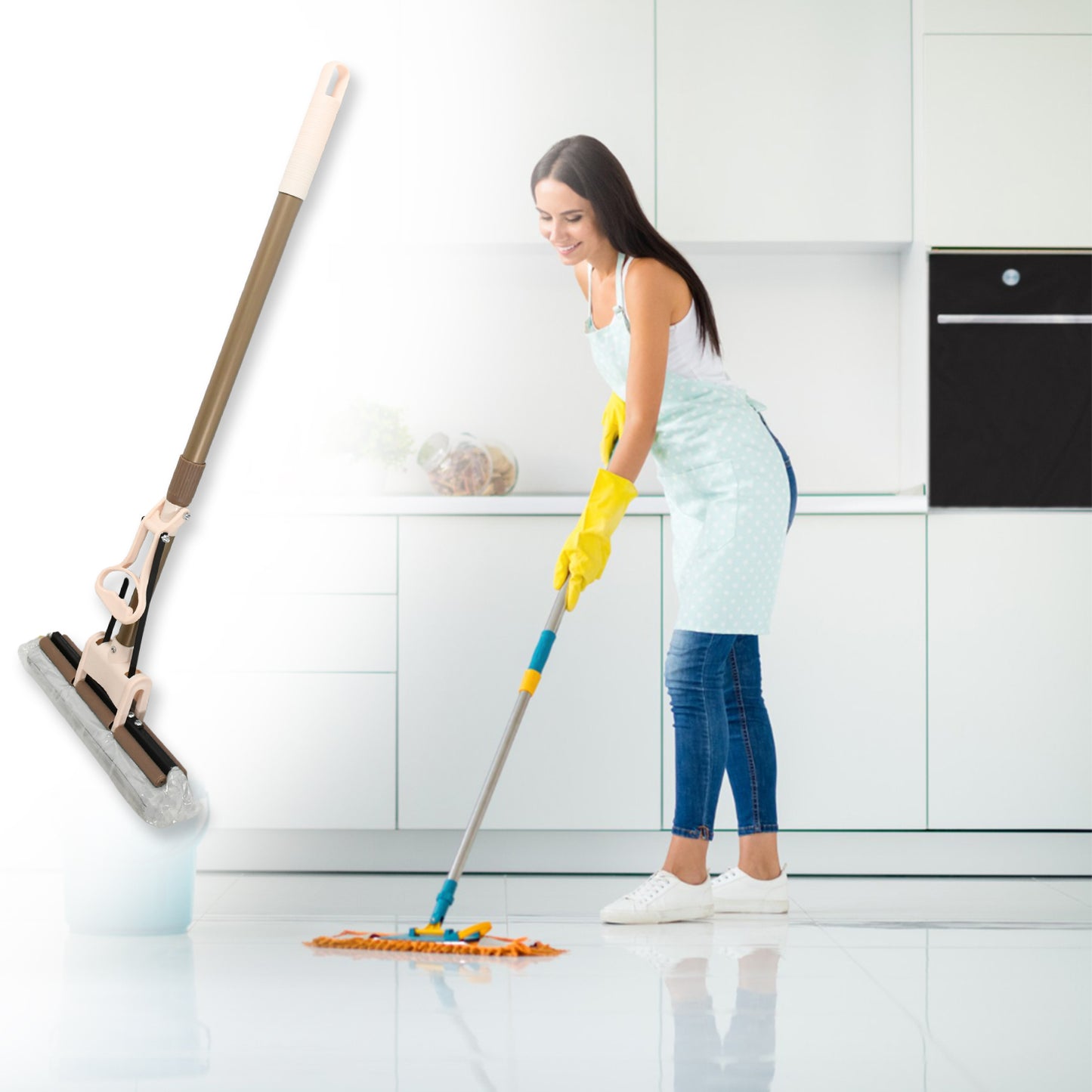 Wukusy Miracle-mop with super absorbent sponge head and self-cleaning features, ideal for efficient home cleaning.