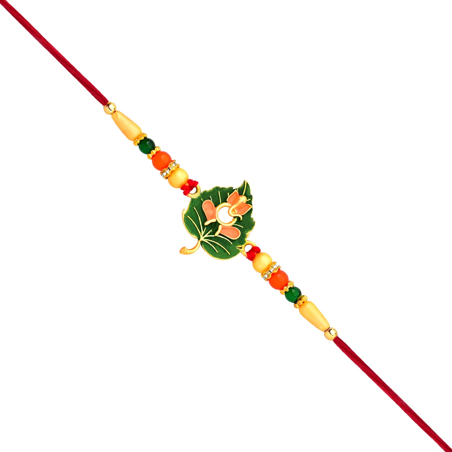 Green Tulsi leaf Rakhi with orange enamel flower and beaded thread, traditional fashion accessory by Wukusy