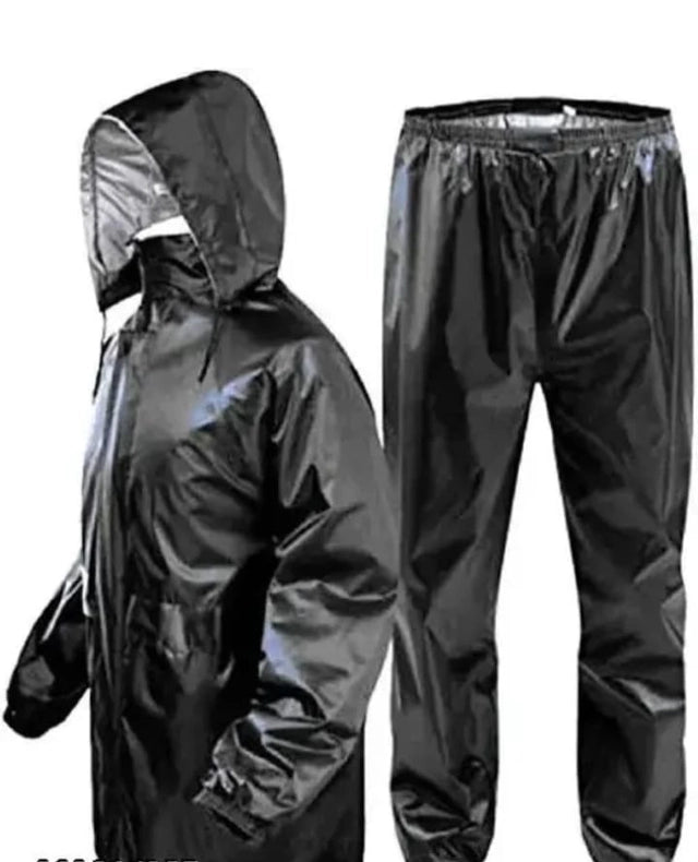 Black polyester solid rainsuit for men, size large, raincoat with hood and waterproof design from 18594.