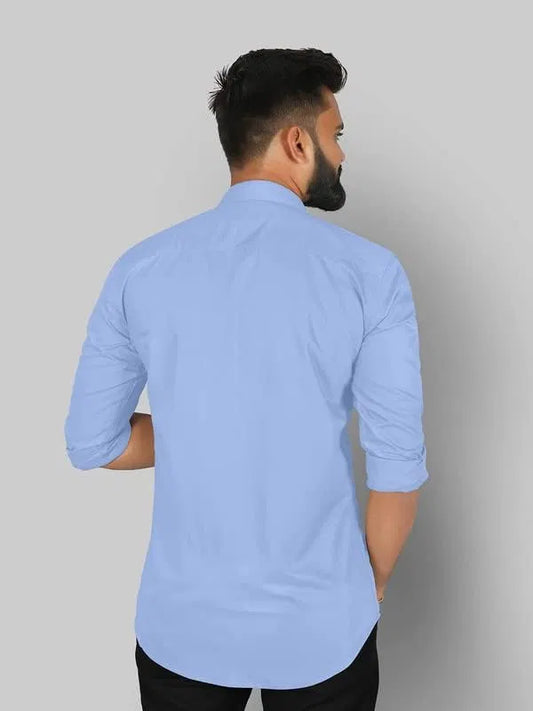 Men’s sky blue slim fit formal and casual full sleeve solid shirt by 6824, shown laid flat highlighting the collar and button details.
