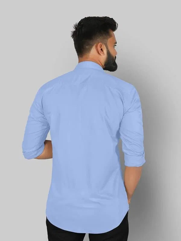 Men’s sky blue slim fit formal and casual shirts from 6824, full sleeve solid shirts, pack of 2, shown hanging on hangers.