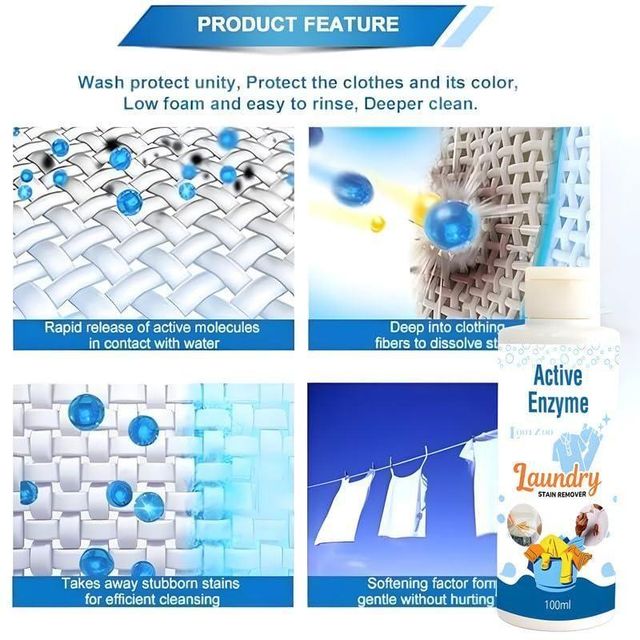 Active Enzyme Laundry Stain Remover liquid detergent by 5912, showing a clear bottle with label and cap, designed for stain removal.