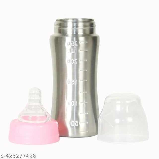 Silver and pink stainless steel baby milk bottle with 250ml capacity, designed for easy feeding and durability.