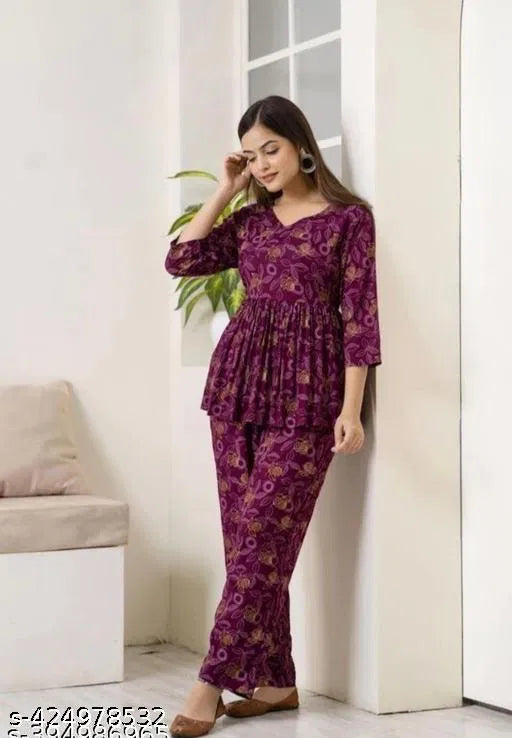 Women's printed co-ord set featuring stylish kurtis, perfect for girls and women, with vibrant patterns and comfortable fit.