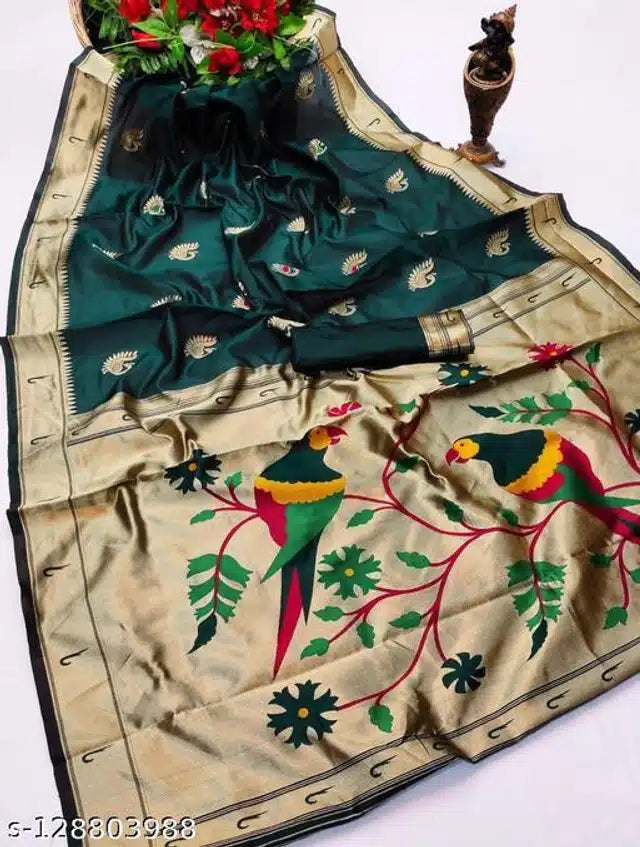 Green jacquard saree with matching blouse for women, 6.3 meters, featuring intricate patterns and elegant fabric.