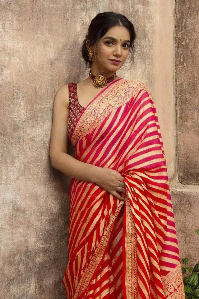 Red Jacquard striped saree for women, 6.3 meters, featuring intricate patterns and vibrant design, from brand 6706.