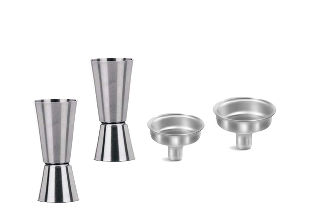 Set of 11853 bar accessories including two silver peg measuring cups (30 & 60 ml) with two funnels for precise liquid measurement.