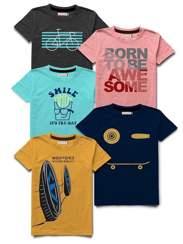 Set of five men's T-shirts from 18537 in various colors, casual cotton T-shirts laid flat for display.