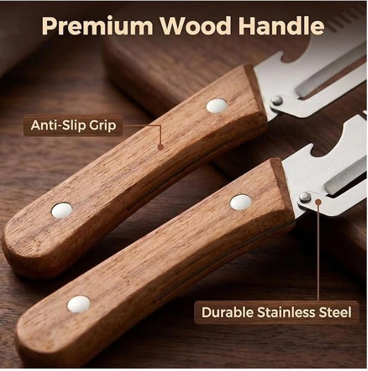 Three-in-one vegetable peeler with wooden handle, versatile kitchen tool from 35561 brand, in a single pack.
