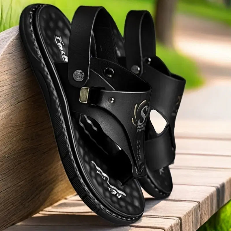 Men's casual synthetic leather sandal in black featuring open-toe design and adjustable straps, by brand 34608.