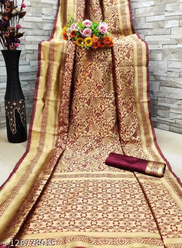 Golden and dark red jacquard saree with matching blouse for women, 6.3 meters, featuring intricate woven designs.