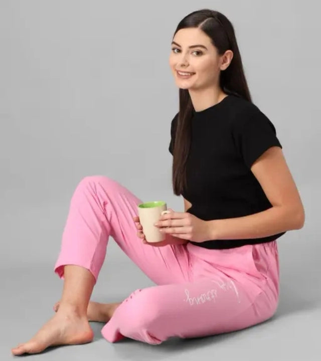 Pink cotton blend straight fit women's trousers, size M, from 18594, shown on a model with a relaxed fit and classic style.