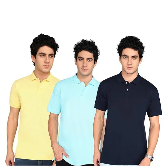 Pack of 3 men's polo neck T-shirts from 34752, showing casual black, white, and gray T-shirts laid out flat.
