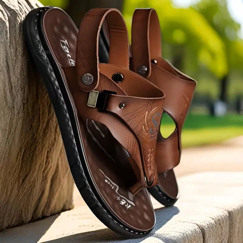 Men's tan casual synthetic leather sandal from 34608 with open toes and adjustable strap on a neutral background.