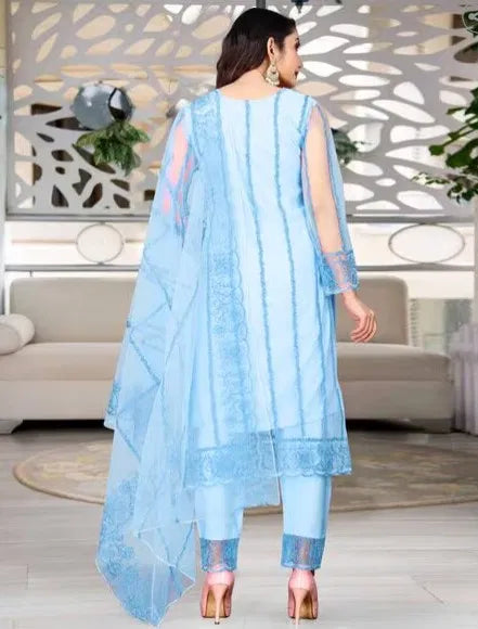 Elegant women's kurta set with matching dupatta and bottomwear from brand 15801, featuring traditional embroidery and vibrant colors.