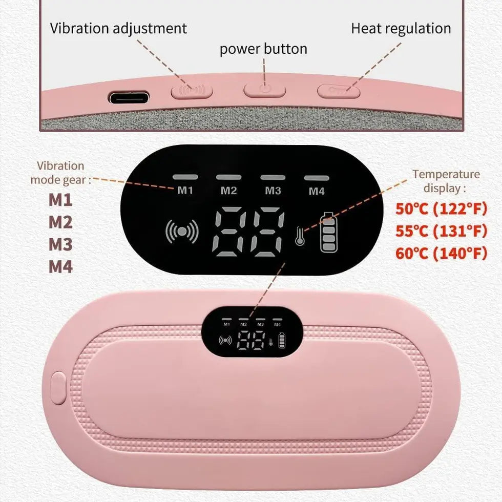 Portable cordless electric heating pad for menstrual relief, compact and lightweight with adjustable heat settings.