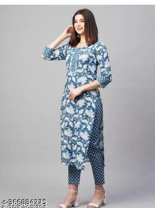 Multicolor cotton printed kurti with matching pant for women, casual wear, from 6246 women's kurta sets collection.