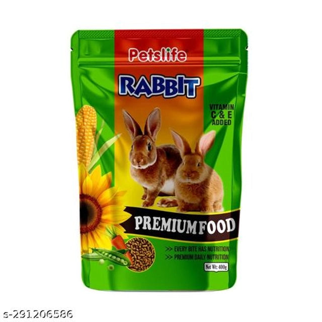 Petslife Rabbit Food Pellets in a 400g package, displayed alongside a cozy pet bed for rabbits, brand 15929.
