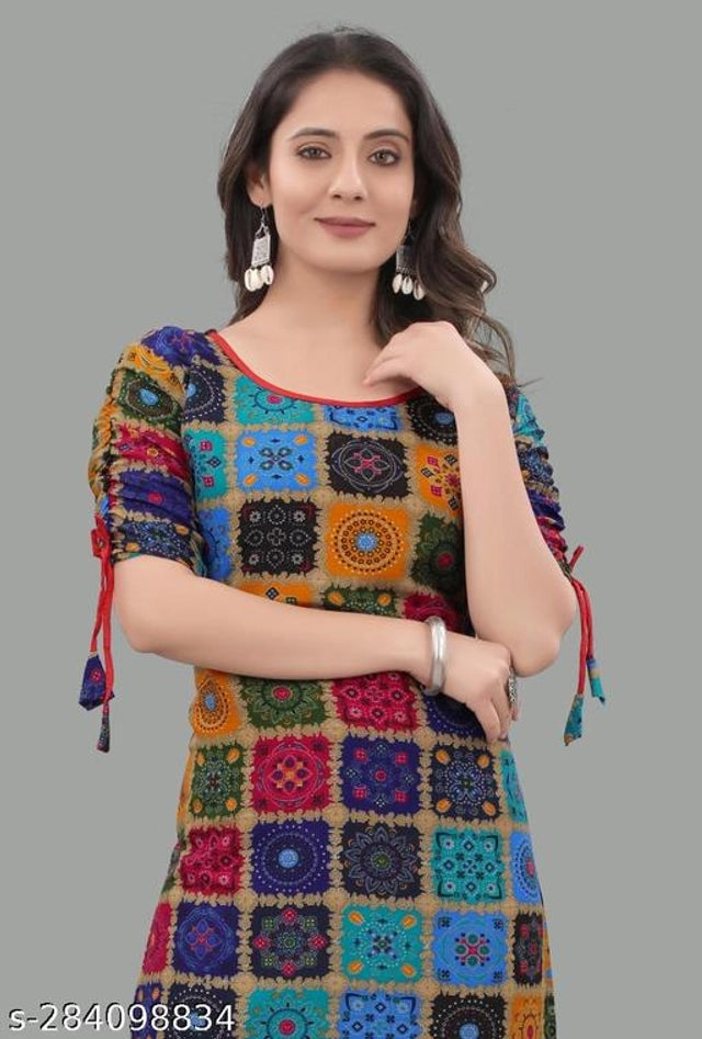 Blue rayon printed kurti for women, medium size, featuring intricate patterns and comfortable fabric.